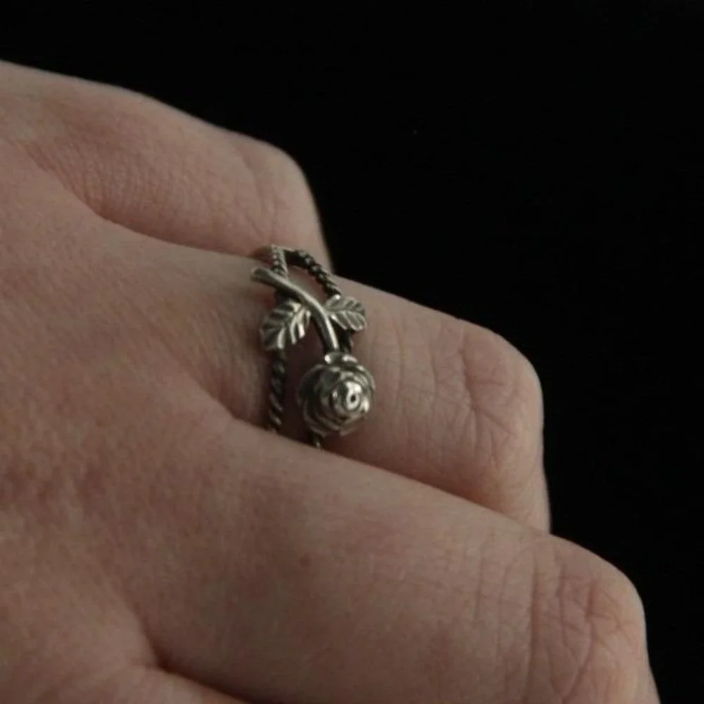 Sterling Silver Rose Flower Leaf Twisted Rope Band Ring Size 5.25